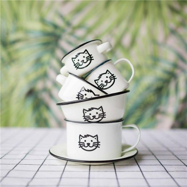 Lovely Cat Enamel Tableware Kids Dinnerware Plate Mug Rice Bowl Dish Set