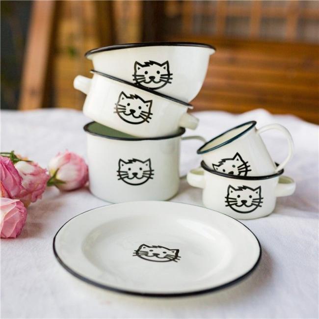 Lovely Cat Enamel Tableware Kids Dinnerware Plate Mug Rice Bowl Dish Set