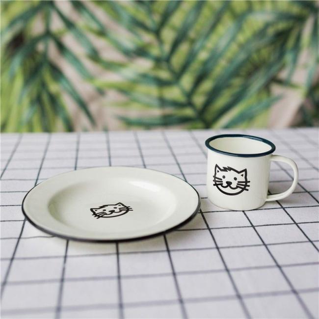 Lovely Cat Enamel Tableware Kids Dinnerware Plate Mug Rice Bowl Dish Set