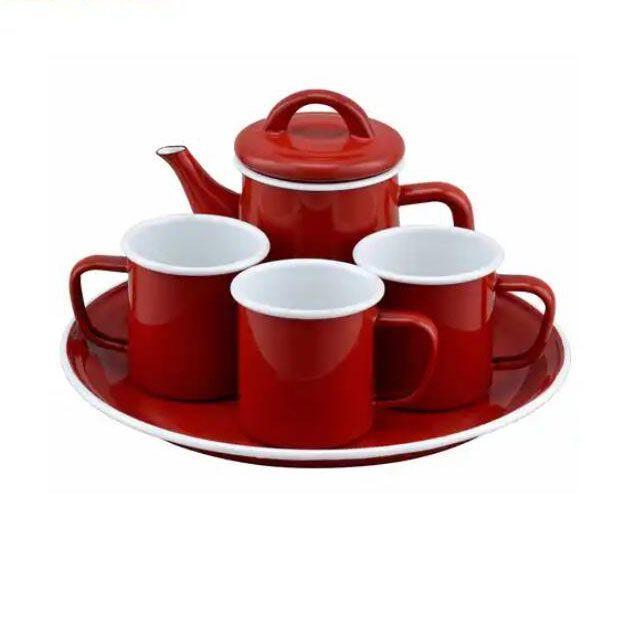 a Tea Sets Is One Teapot and Four Mugs Enamel Tea and Coffee Sets