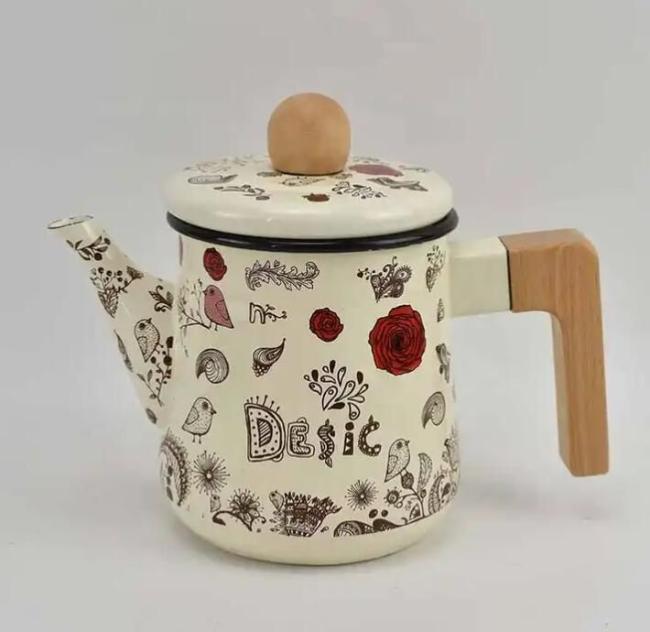 0.6L Capacity Kitchen Product Enamel Kettle Tea Pot Wood Handle Wood Lid Teapot