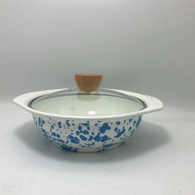 V-Shape Casserole Speckle with Marble Enamel Coating Casserole Pot Stew Pot with Glass Lid