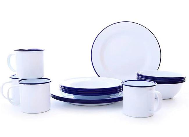 Manufacturer Vintage Retro Enamelware Enamel Cup Mug Camping Plates and Bowls Set for Outdoor Travel Restaurant