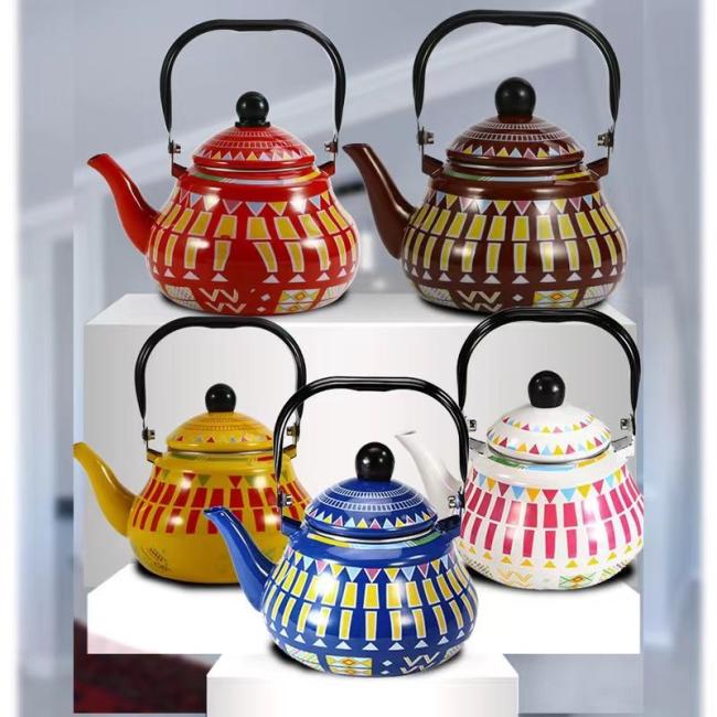 Pearshape Enamel Kettle Classicl Geometric Decorative Flower Enamel Teapot High Quality Metal Steel Tea Pot Teapot with Handlepot