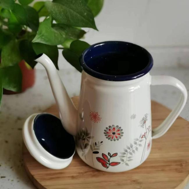 Custom Color Logo Printing Carbon Steel Metal Handle Enamel Tea Pot Enamel Kettle