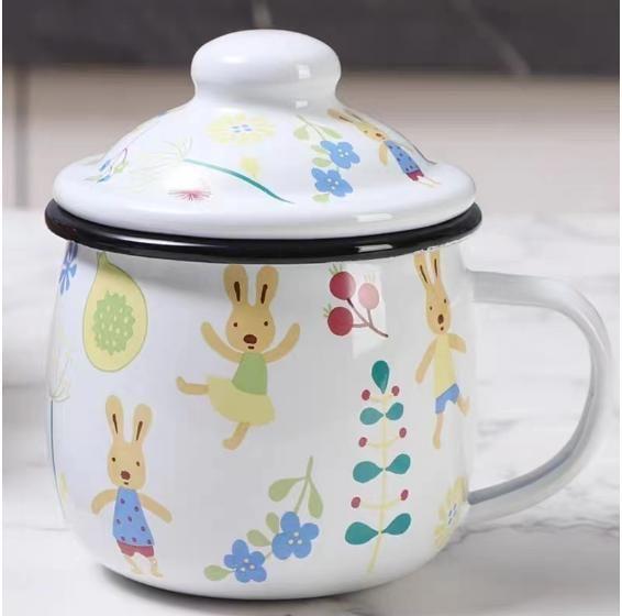 Custom Thickened Enamel Mug Metal Steel Cartoon Pattern Kids Water Milk Mugs with Lid