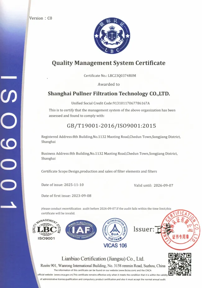 Advanced High Flow Filter Cartridge certification documentation