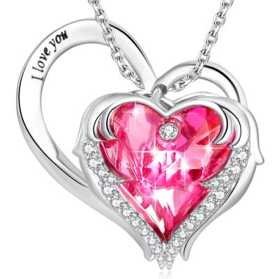 China Lead Free Sterling Silver Heart Pendant Necklace 1.18x0.98in Austrian crystal Pink Crystal for sale