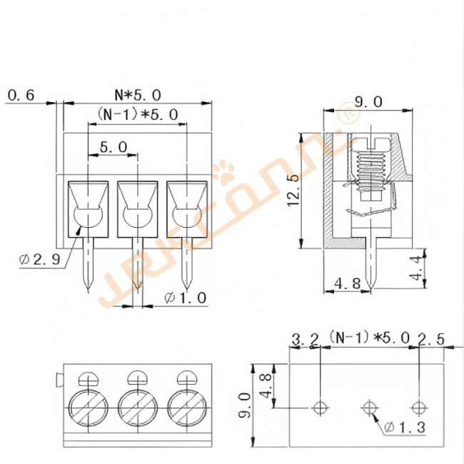 Technical drawing of PCB Screw Terminal Block Connector
