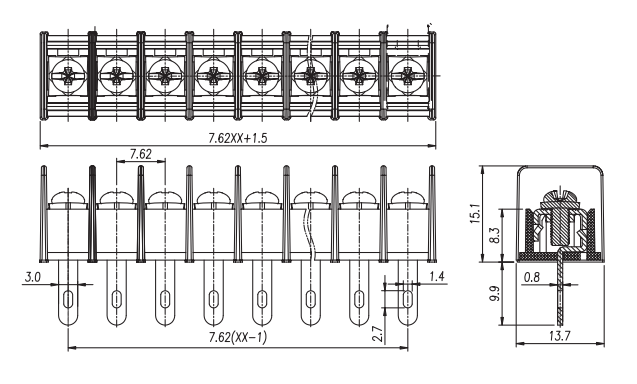 Technical drawing of 8-way screw barrier terminal block connector showing dimensions and specifications
