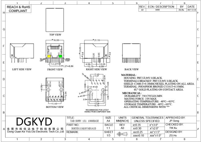RJ45 connector product photo showing front housing and LED indicators