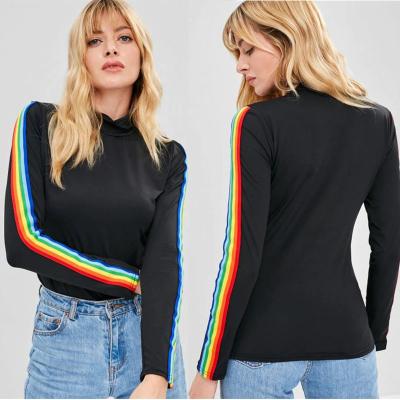 China Camisa longa do algodão T da luva da listra nova do arco-íris da forma à venda