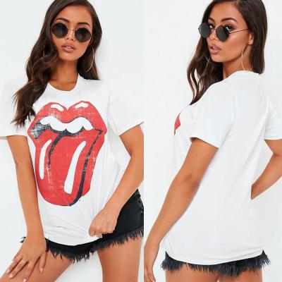 China White Rolling Stones Licked Graphic T Shirt Women Clothing for sale
