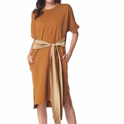 China Simple Solid Casual Loose Pocket T Shirt Loose Dress With Belt for sale