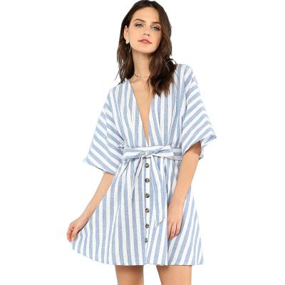 China Women Sweet V Neck Tied Open Back Striped Dress With Tassel for sale