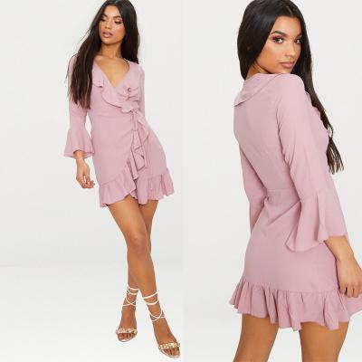 China 2018 Summer Fashion Women Dusty Pink Frill Tea Dress With Horn Sleeve for sale