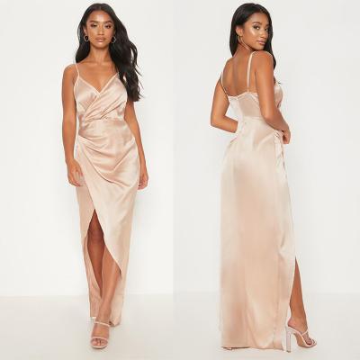 China 2019 New Arrivals Women Casual Petite Champagne Satin Maxi Dress And Sexy for sale