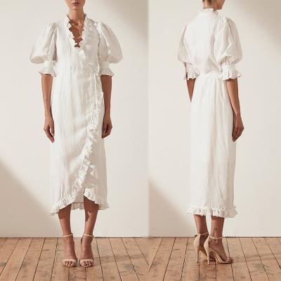 China Linen Puff Sleeve Wrap Midi Elegant Dress Cotton Ladies for sale