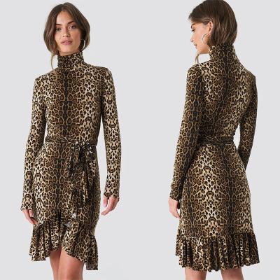 China Autumn Fashion Women Long Sleeve And High Neck Leo Polo Dress Brown for sale