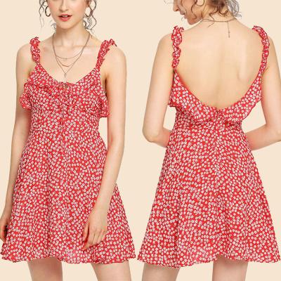 Cina vestito con ampia scollatura sulla schiena rosso floreale dall'increspatura di estate di 2018 modi mini per le donne in vendita