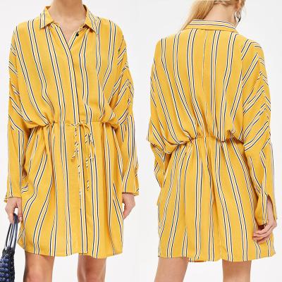 China Yellow Stripe Drawstring Ladies Casual Shirt Dress Long Sleeve for Women for sale