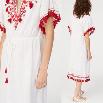 China Embroidery Tassel Boho Cotton Dress Women for sale