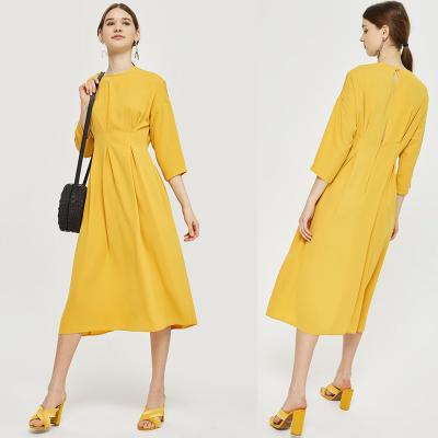 China New Arrival Fall Yellow Midi Dress With Sleeves Ladies Autumn for sale