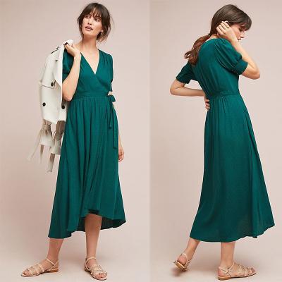 China Envoltório curto elegante dos vestidos de Midi do vestido do envoltório do verde longo da luva das mulheres ocidentais à venda