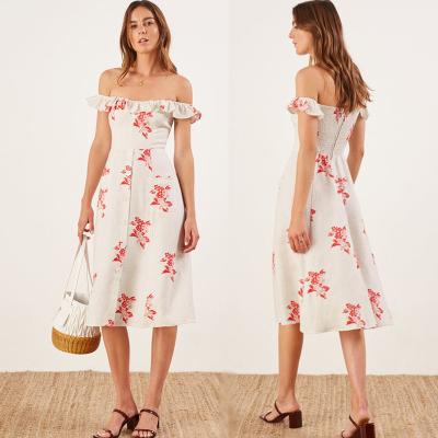 China New Design Floral Printing Ladies Fashion Linen Boho Ruffle Dress Women for sale