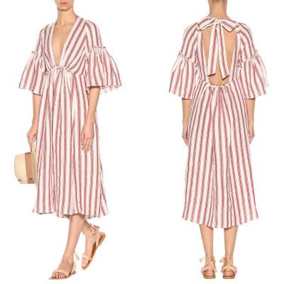 China Women deep v neck stripe linen dress and unbacked for sale