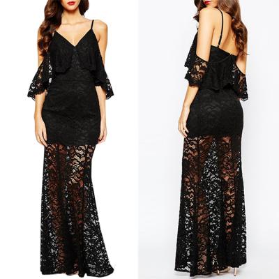 China Elegant Black Sexy Long Lace Maxi Evening Dresses for sale