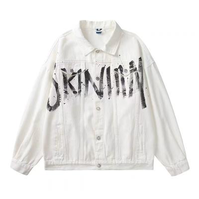 中国 ばねのアメリカの白い文字を入れるハンサムな商店街の綿のデニムのジャケット緩く 販売のため