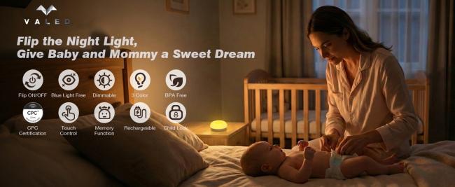 Baby night light showing soft amber glow and modern design