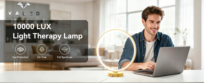 VALED R9 Light Therapy Lamp showing modern design with wood grain base and full spectrum LED panel