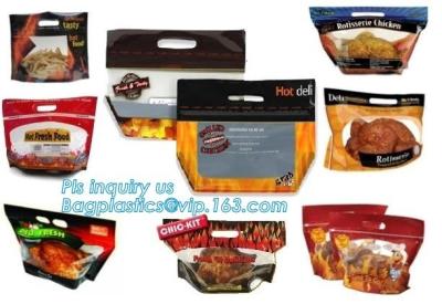 China Custom Printed Zip lockk Handle Bags, Stand Up Pouch with Clear Window, Rotisserie Fried Chicken Packing for sale