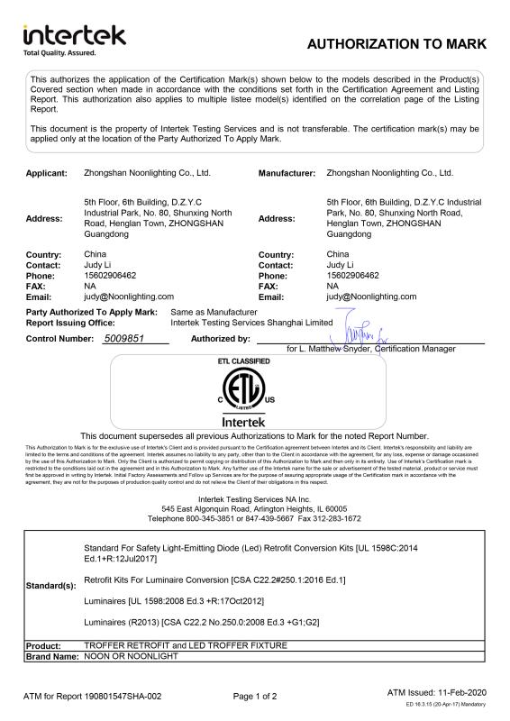 Standard For Safety Light-Emitting Diode (Led) Retrofit Conversion Kits [UL 1598C:2014 Ed.1+R:12Jul2017] - Zhongshan NoonLighting Co., Ltd.