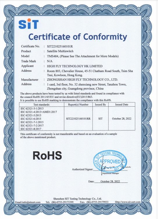 Rohs certificate 1 - ZHONGSHAN HIGH FLY TECHNOLOGY  CO.,LTD