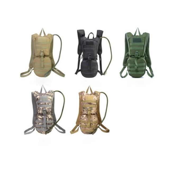 Front view of tactical hydration backpack showing multiple compartments and MOLLE system