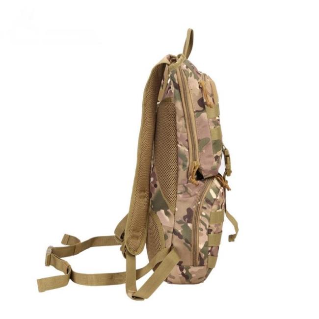 Side view of backpack showing detailed MOLLE webbing and attachment points