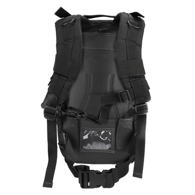 Tactical backpack front view showing MOLLE webbing system and multiple pockets