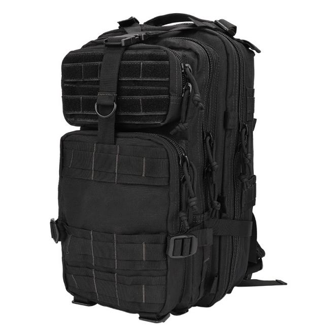 Tactical backpack side view displaying compartment organization