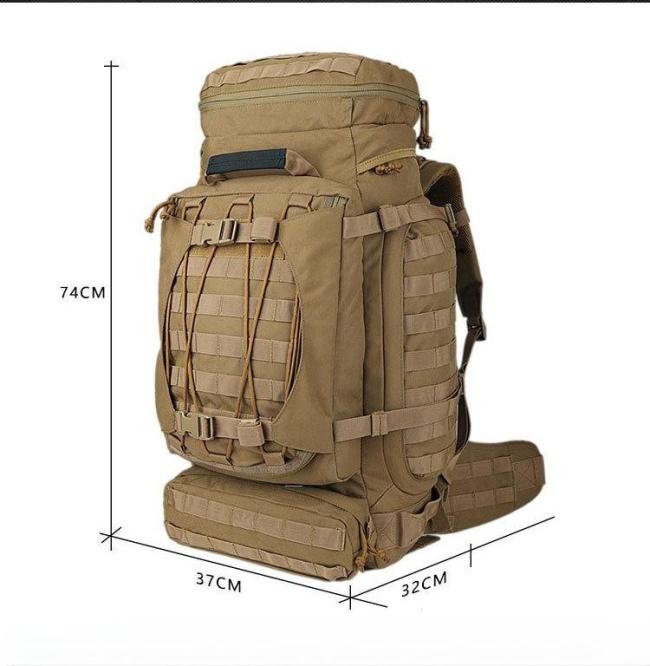 Front view of 90L tactical backpack showing design and color