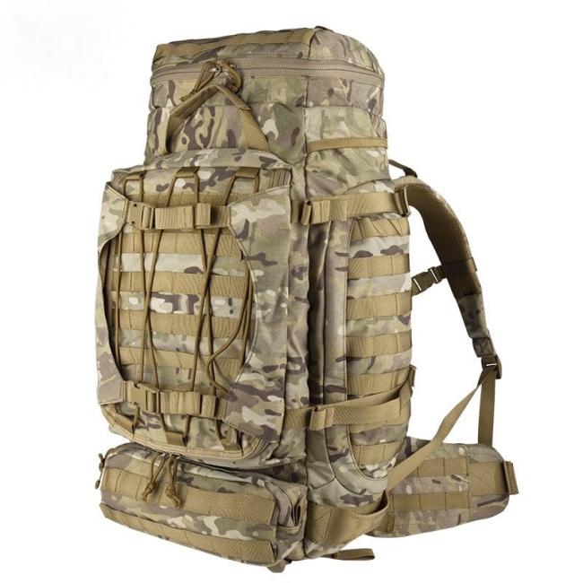 Side view of tactical backpack showing multiple compartments