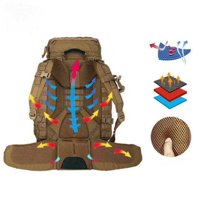 Detailed view of Molle webbing system for accessory attachment