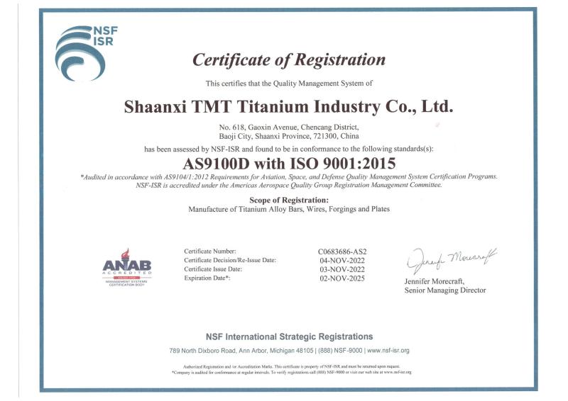 AS 9100D&ISO 9001 - Shaanxi TMT Titanium Industry Co., Ltd.