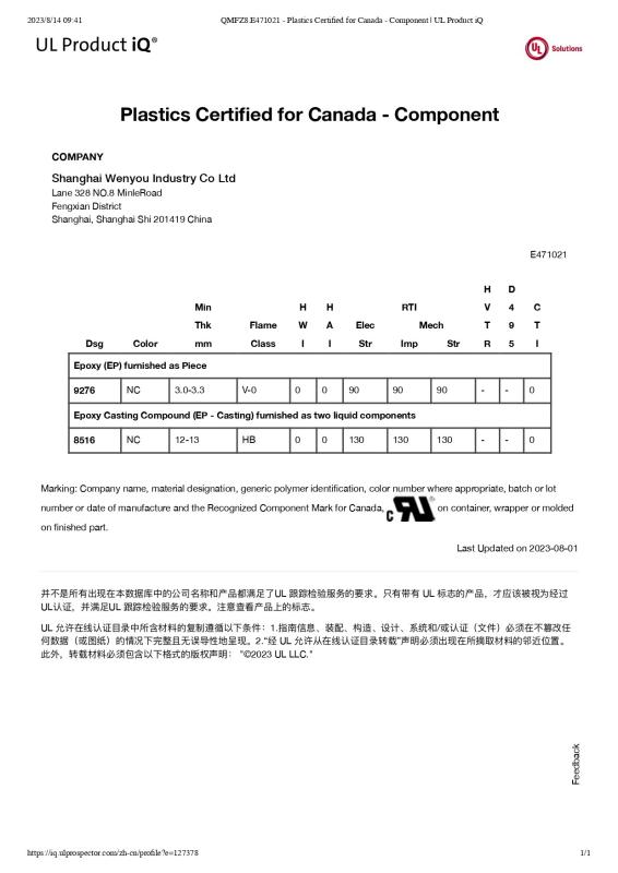 UL product IQ - Shanghai Wenyou Industry Co., Ltd.