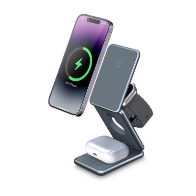China Foldable Magnetic Metal Wireless Charging Aluminum Alloy 3 In 1 Portable Magnetic Charger for sale