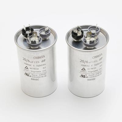 China CBB65A 20uF Film Capacitor 450V 20/6uF 5% AC Capacitors For Motor Run Applications for sale
