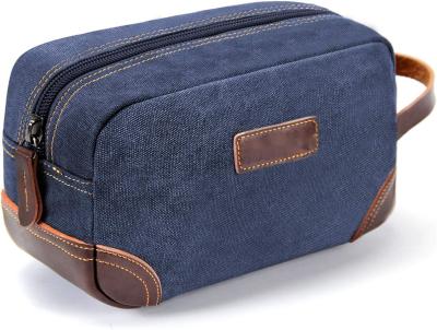 China Bathroom Toiletry Travel Bag For Men , Blue Leather And Canvas Large Dopp Kit for sale
