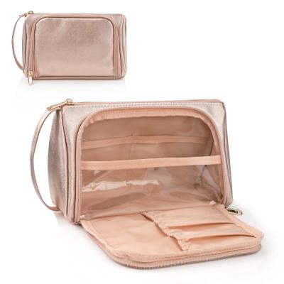 China Bolso portátil de maquillaje de toallas de cuero rosa dorado PU bolso de viaje a medida a prueba de agua en venta